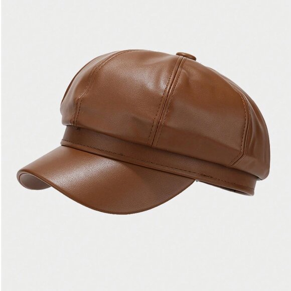 Vegan Leather Baker Boy Cap Brown - Picture 1 of 3